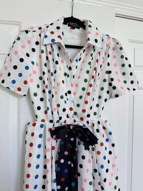 Beulah Multicolor Polka Dot Midi Shirt Dress | Contrast Bow Belt | White | S